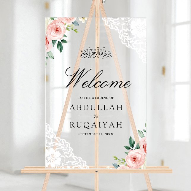 Pink Floral White Lace Muslim Wedding Welcome Acrylic Sign (Creator Uploaded)