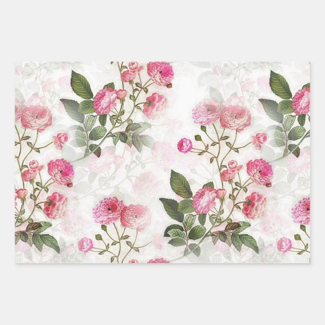 Pink floral white roses Paper Flat Sheet Set of 3 (Front)