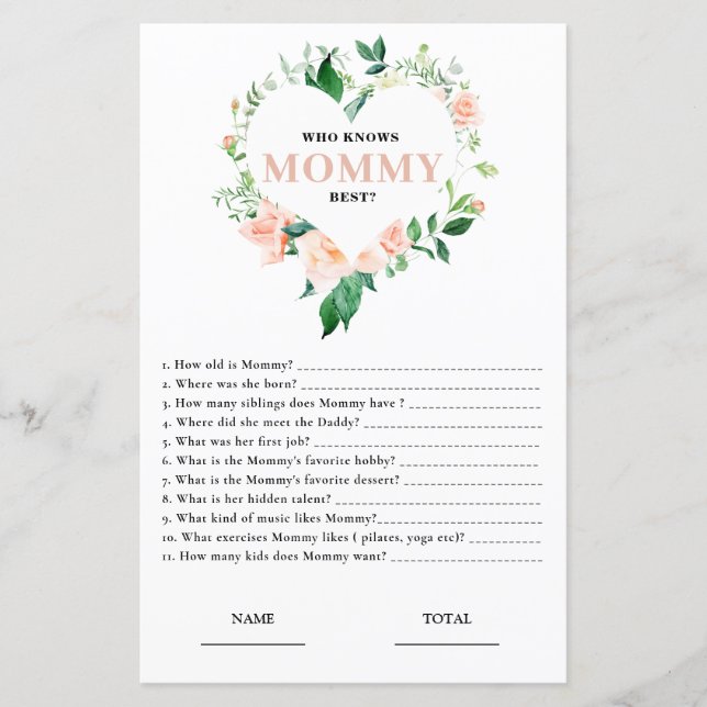 Pink Floral Who knows Mummy Best Baby Shower Game (Front)