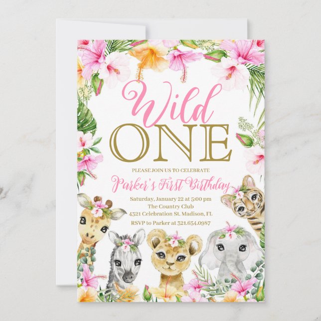 Pink Floral Wild One Jungle Safari Birthday Girl Invitation (Front)