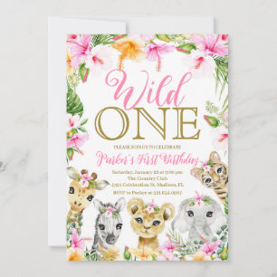 Pink Floral Wild One Jungle Safari Birthday Girl Invitation