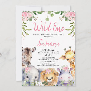Pink Floral  Wild One Safari Animals 1st Birthday Invitation