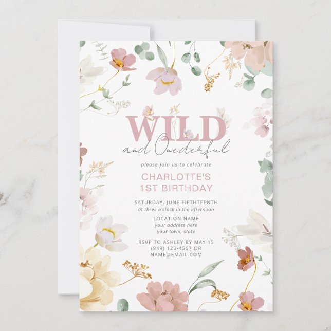 Pink Floral Wild & Onederful Girl 1st Birthday Invitation (Front)