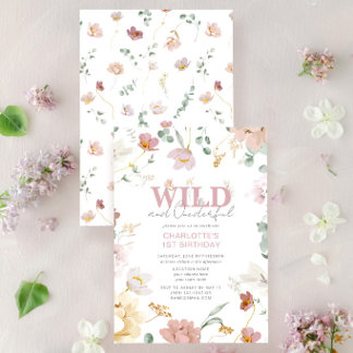 Pink Floral Wild & Onederful Girl 1st Birthday Invitation