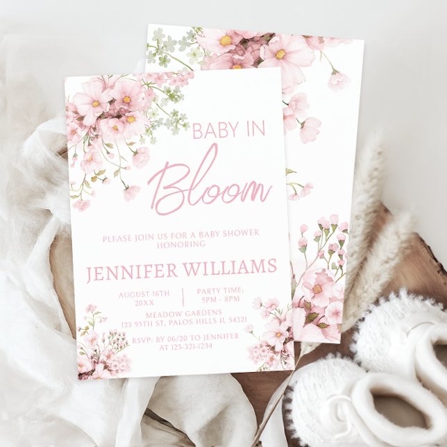 Pink floral wildflower baby in bloom baby shower  invitation (Creator Uploaded)