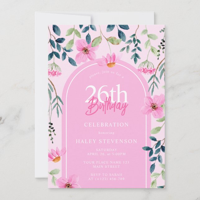 Pink Floral Wildflower Girly Elegant 26th Birthday Invitation (Front)