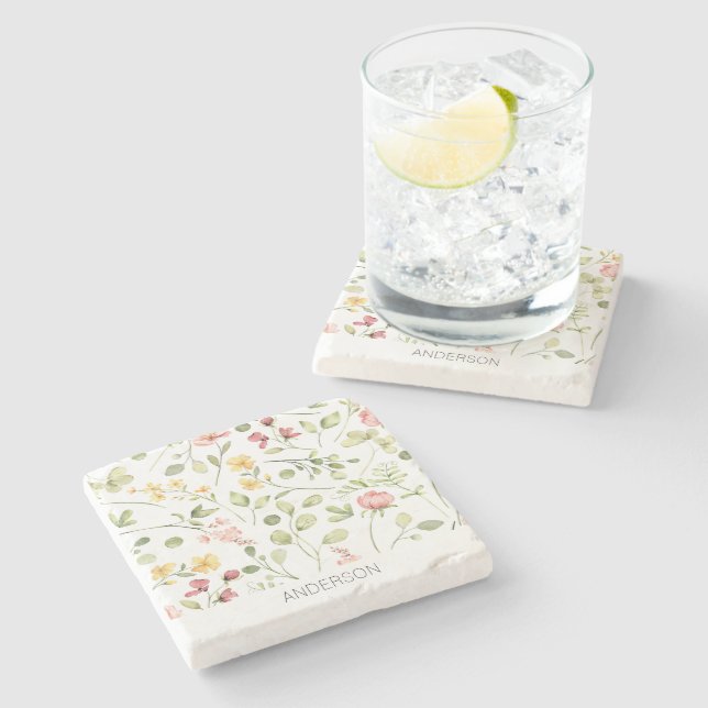 Pink Floral Wildflower Name Stone Coaster (Side)