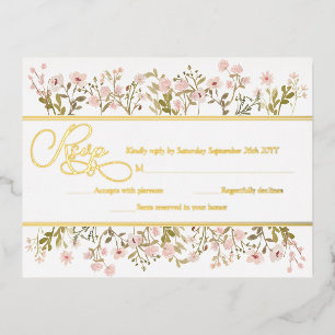 Pink Floral Wildflowers Botanical RSVP Real Gold Foil Invitation Postcard
