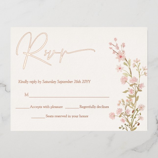 Pink Floral Wildflowers Garden RSVP Real Rose Gold Foil Invitation Postcard (Front)