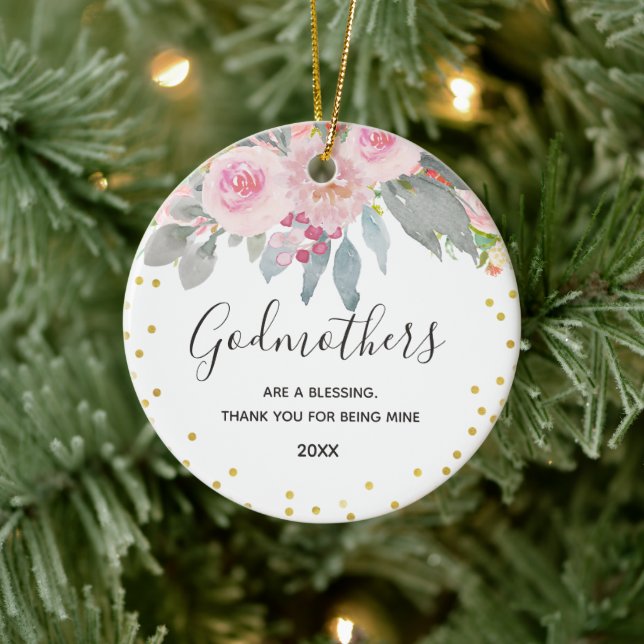 Pink Floral Winter Godmothers Gold Ceramic Ornament (Tree)
