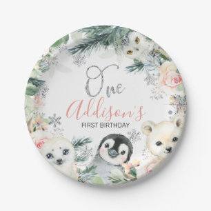 Pink Floral Winter Onederland Birthday  Paper Plate