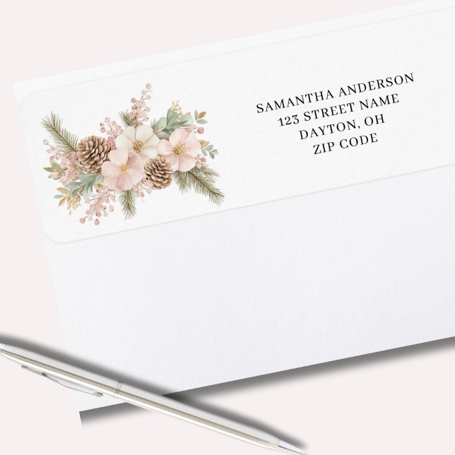 Pink Floral Winter Pine Return Address  Label (Creator Uploaded)
