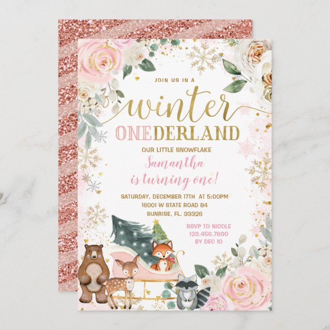 Pink Floral Winter Snowflake Sleigh Birthday  Invitation (Front/Back)