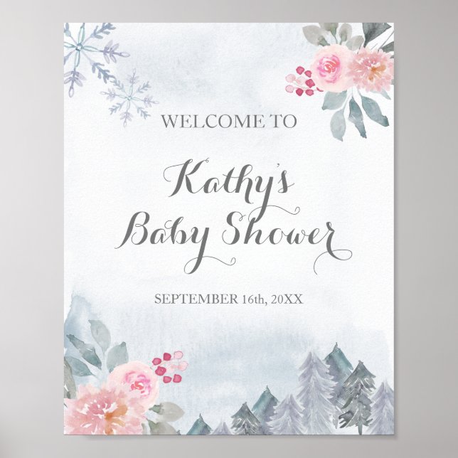  Pink Floral Winter Snowflakes welcome Poster (Front)