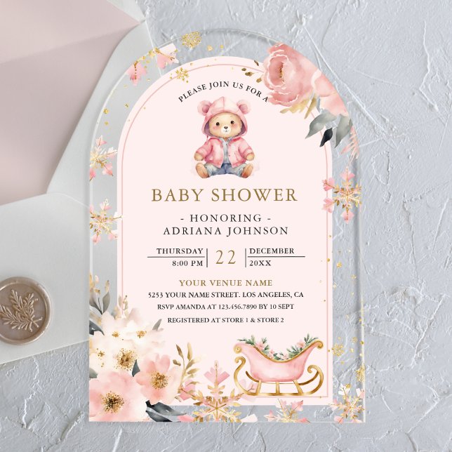 Pink Floral Winter Teddy Bear Arch Baby Shower Acrylic Invitations (Creator Uploaded)