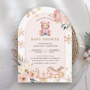 Pink Floral Winter Teddy Bear Arch Baby Shower Invitation