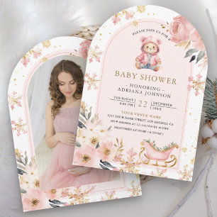 Pink Floral Winter Teddy Bear Photo Baby Shower Invitation
