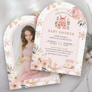 Pink Floral Winter Wonderland Photo Baby Shower Invitation