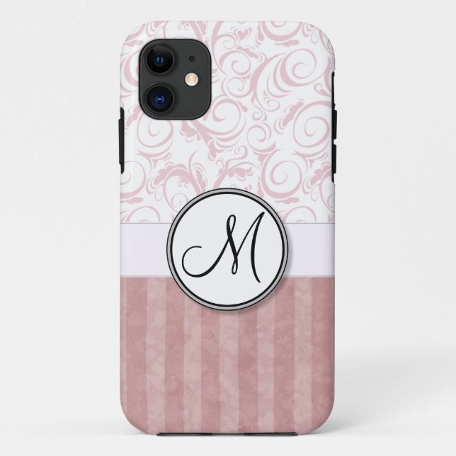 Pink Floral Wisps & Stripes with Monogram Case-Mate iPhone Case (Back)