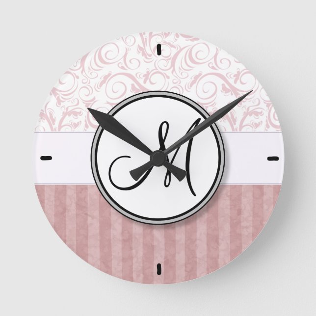 Pink Floral Wisps & Stripes with Monogram Round Clock (Front)