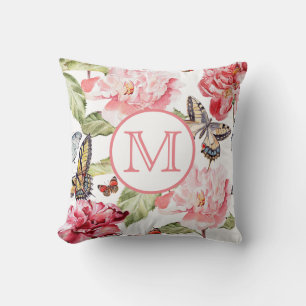 Pink Floral with Butterflies and Monogram Cushion