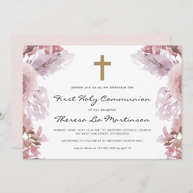 Pink Floral with Cross First Holy Communion Invitation (Front/Back)