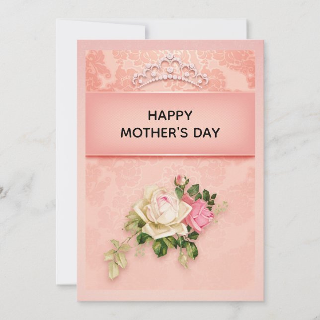 Pink floral with Diamond Tiara Classy Mother's Day Holiday Card (Front)