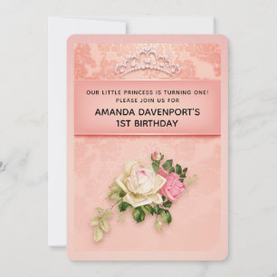 Pink floral with Diamond Tiara Elegant Birthday Invitation