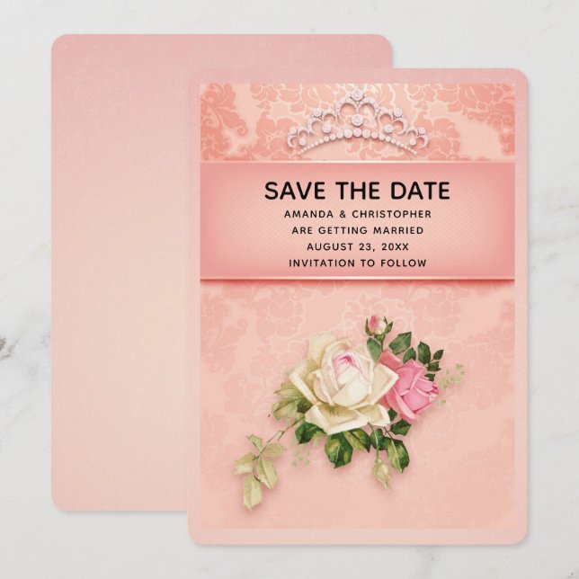 Pink floral with Diamond Tiara Elegant Wedding Save The Date (Front/Back)