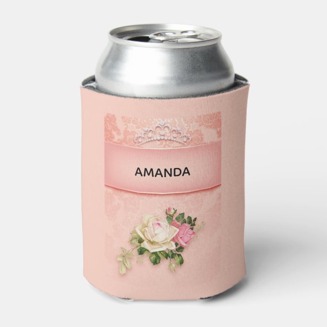 Pink floral with Diamond Tiara Princess Design Can Cooler (Can Front)