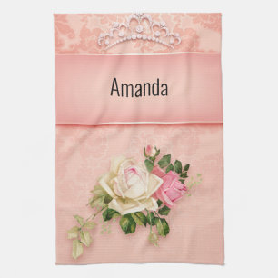 Pink floral with Diamond Tiara Princess Design Tea Towel