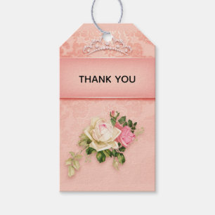 Pink floral with Diamond Tiara Princess Thank You Gift Tags