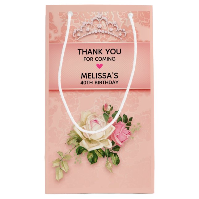 Pink floral with Diamond Tiara Princess Thank You Small Gift Bag (Back)
