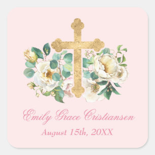 Pink Floral with Gold Cross Baptism Square Sticker