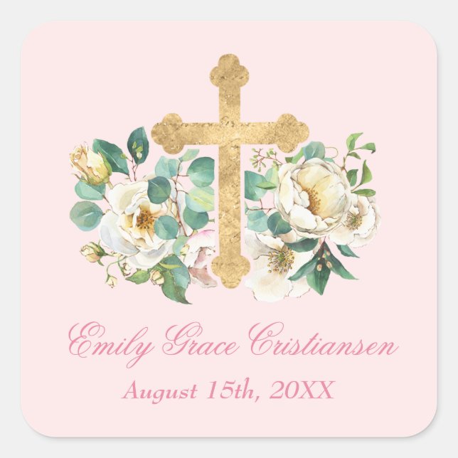 Pink Floral with Gold Cross Baptism Square Sticker (Front)