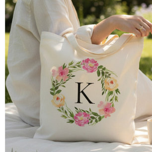 Pink Floral with Monogram Tote Bag