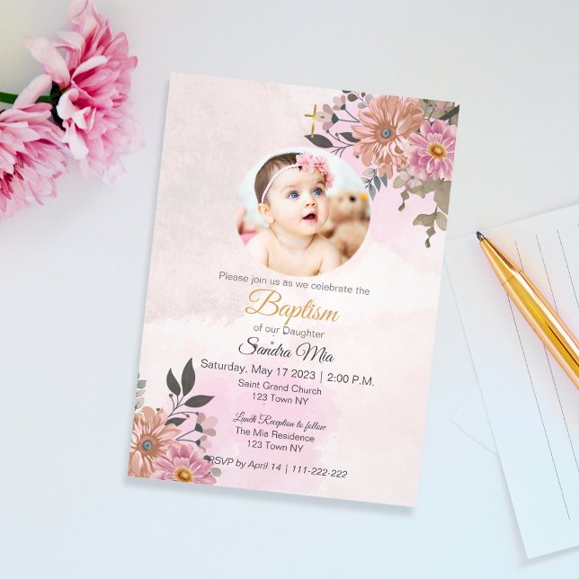 Pink Floral with Photo Baptism Invitation (Pink Floral with Photo Baptism Invitation)