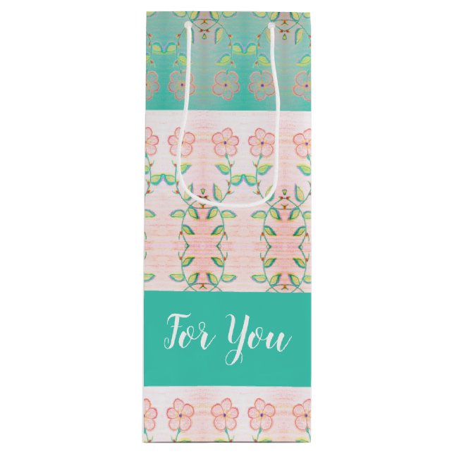 Pink Floral With Teal Wine Gift Bag (Front)