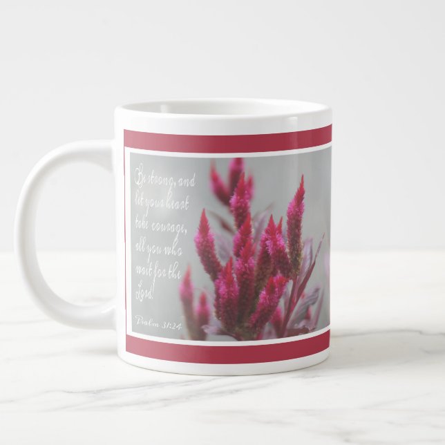 Pink floral, with verse from Psalm 31:24 Large Coffee Mug (Left)