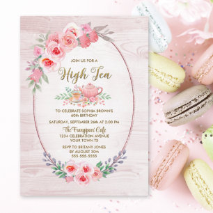 Pink Floral Wood Any Age High Tea Birthday Invitation