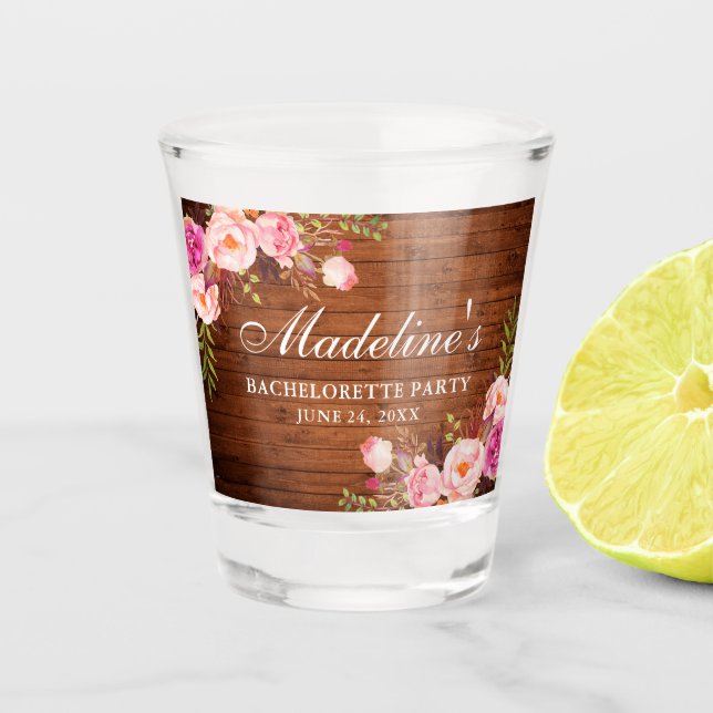 Pink Floral Wood Bachelorette Party Shot Glass (Front)