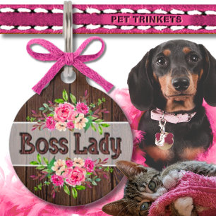 Pink Floral Wooden Boss Lady Pet Tag