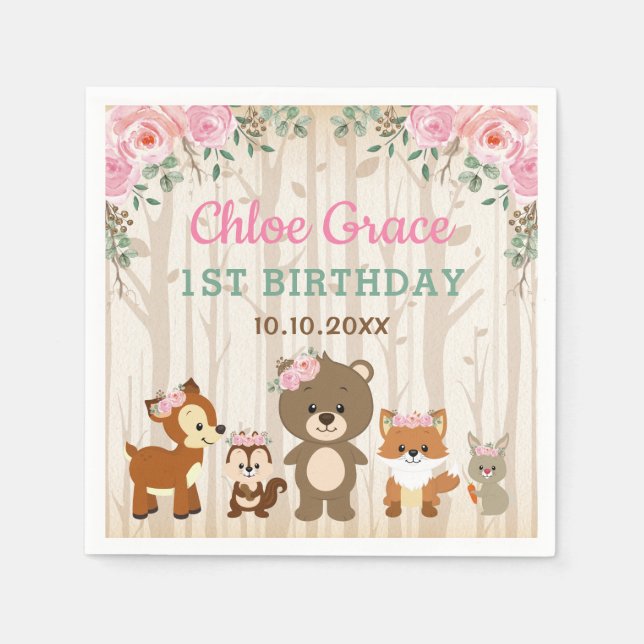 Pink Floral Woodland 1st Birthday Girl Baby Shower Napkin (Front)
