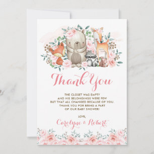 Pink Floral Woodland Animals Baby Shower Birthday Thank You Card