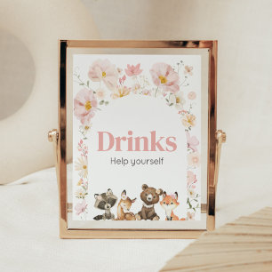 Pink Floral Woodland Animals Baby Shower Drinks Poster