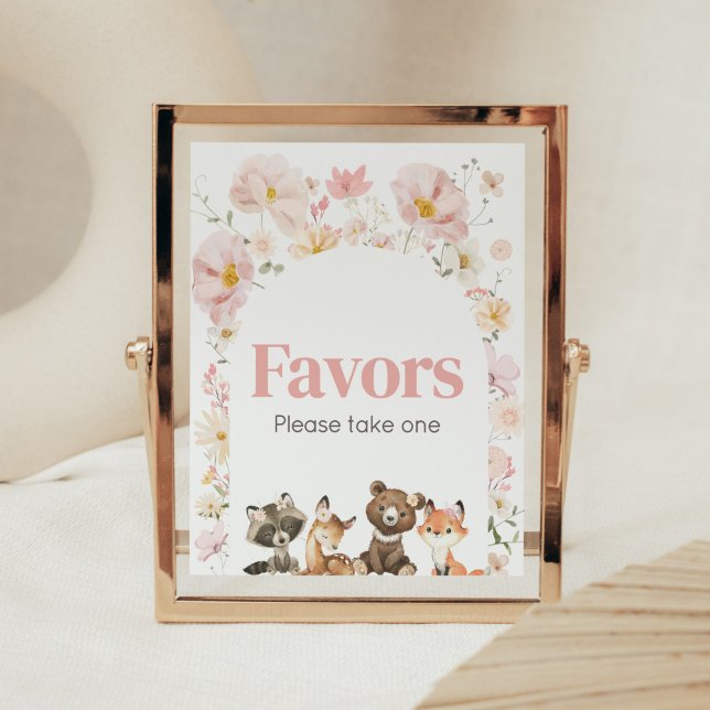 Pink Floral Woodland Animals Baby Shower Favours Poster (Pink Flower Woodland Animals Baby Shower Favors Sign)
