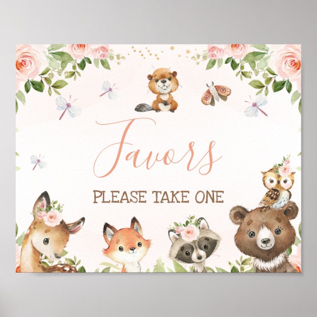 Pink Floral Woodland Animals Baby Shower Sign (Front)