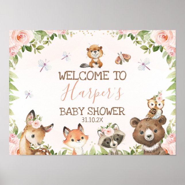Pink Floral Woodland Animals Baby Shower Welcome Poster (Front)
