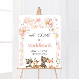 Pink Floral Woodland Animals Baby Shower Welcome Poster