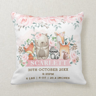 Pink Floral Woodland Animals Birth Stats Nursery Cushion